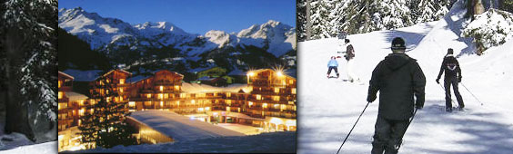 Valfréjus at night with larger shot of a family group skiing